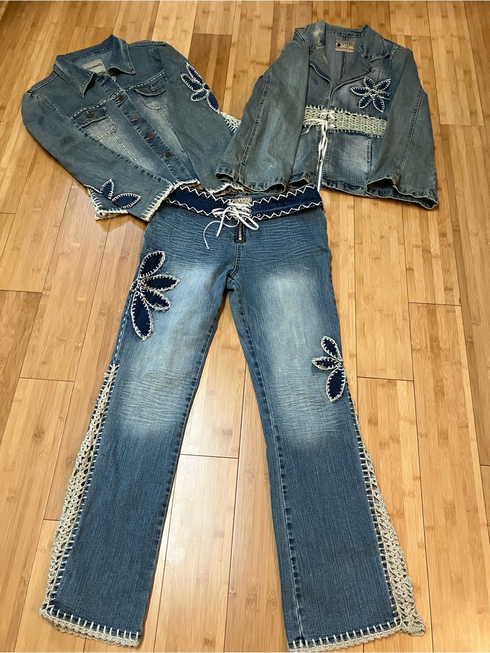 Crest Blue Denim Flare Jeans with Crochet & Flower Appliqués set of 3